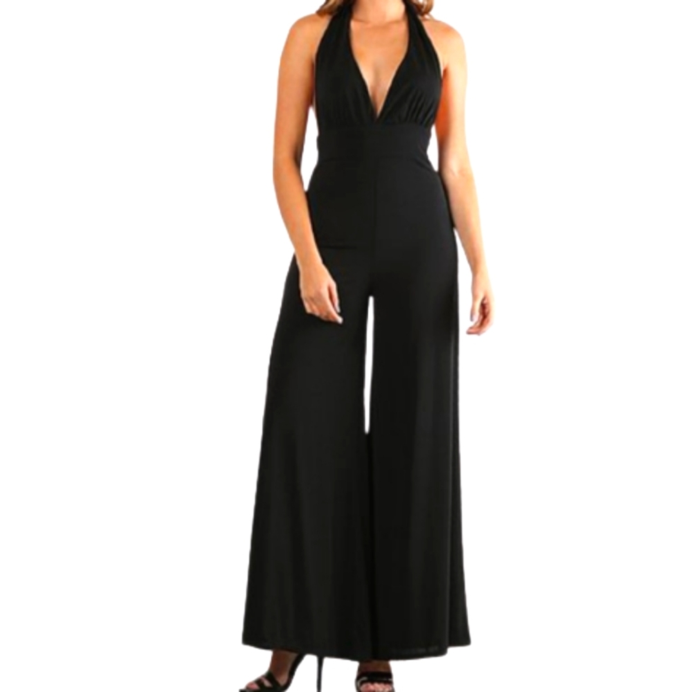 🌺JMode Black Halter Deep Plunge V-Neckline Wide Leg Jumpsuit, Large🌺